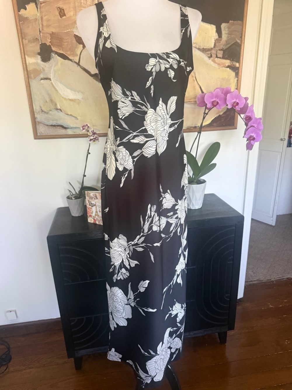 Black & White Floral Maxi Dress - Elegant Sleeveless Slip